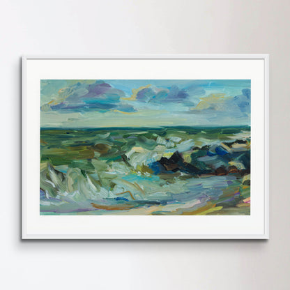 Sea oil painting. Abstract turquoise seascape. Impressionism, plein-air sketch, original work.