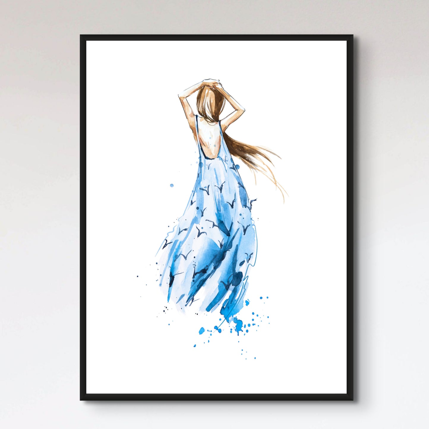 Watercolor fashion illustration, girl in a summer dress looking in the distance