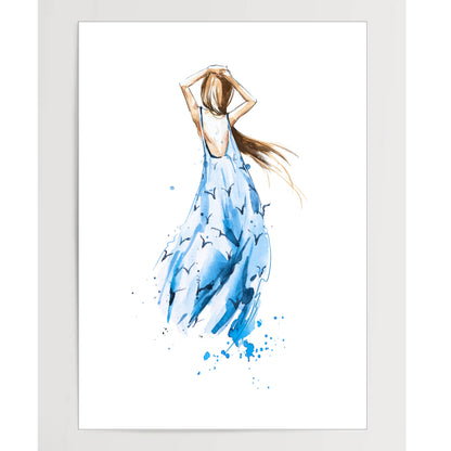 Watercolor fashion illustration, girl in a summer dress looking in the distance