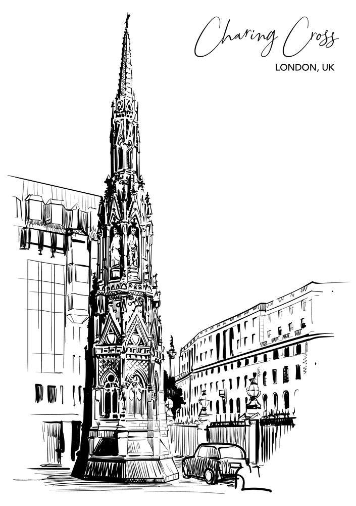 Queen Eleanor Memorial Cross at the Charing Cross Station in London. Black and White