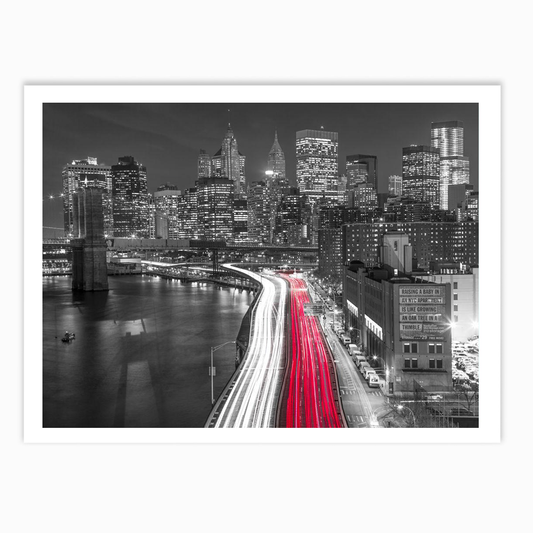 Strip lights on streets of Manhattan by east river, New York