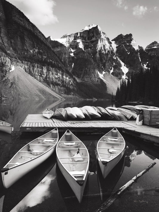 Moraine Lake Three Canoes BW Crop