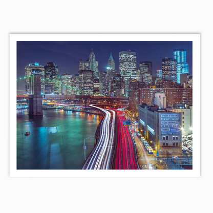 Strip lights on streets of Manhattan by east river, New York