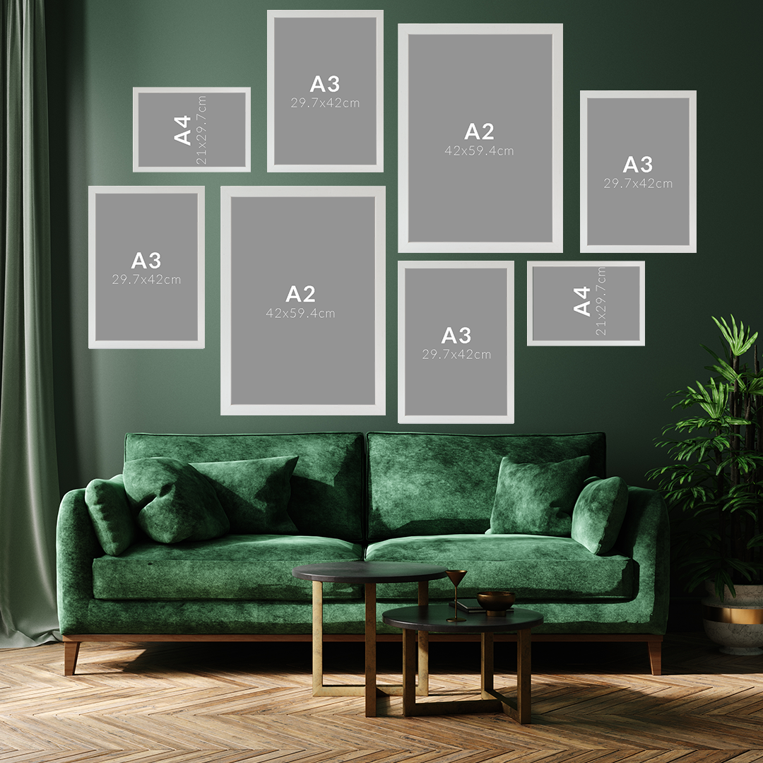 8 Piece White Wooden Picture Frame Set, 2x A2, 4 x A3 frame, 2 x A4 frames & 1 x A5 frame